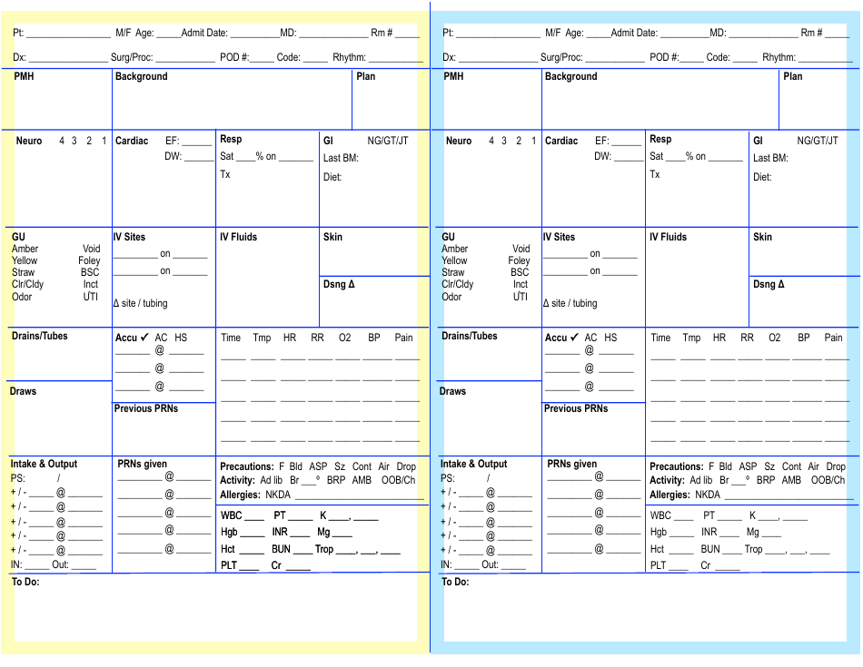 Printable Nurse Brain Sheet 5 Patients