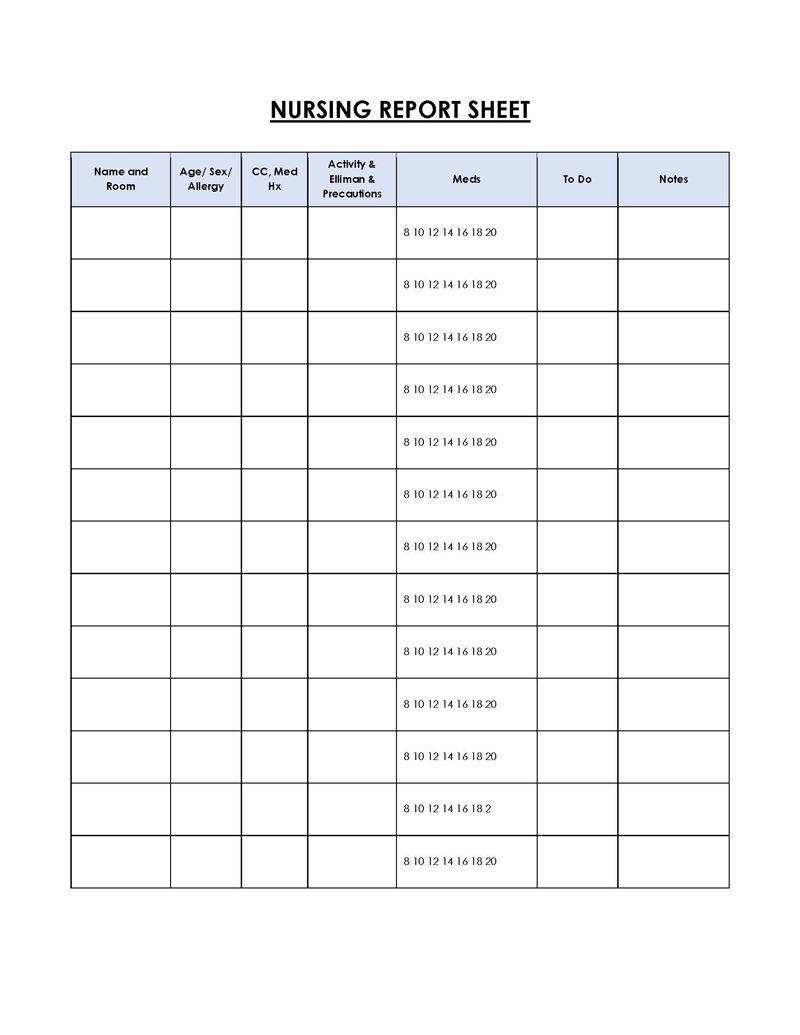Printable Nursing Report Sheet Pdf Customize And Print NBKomputer