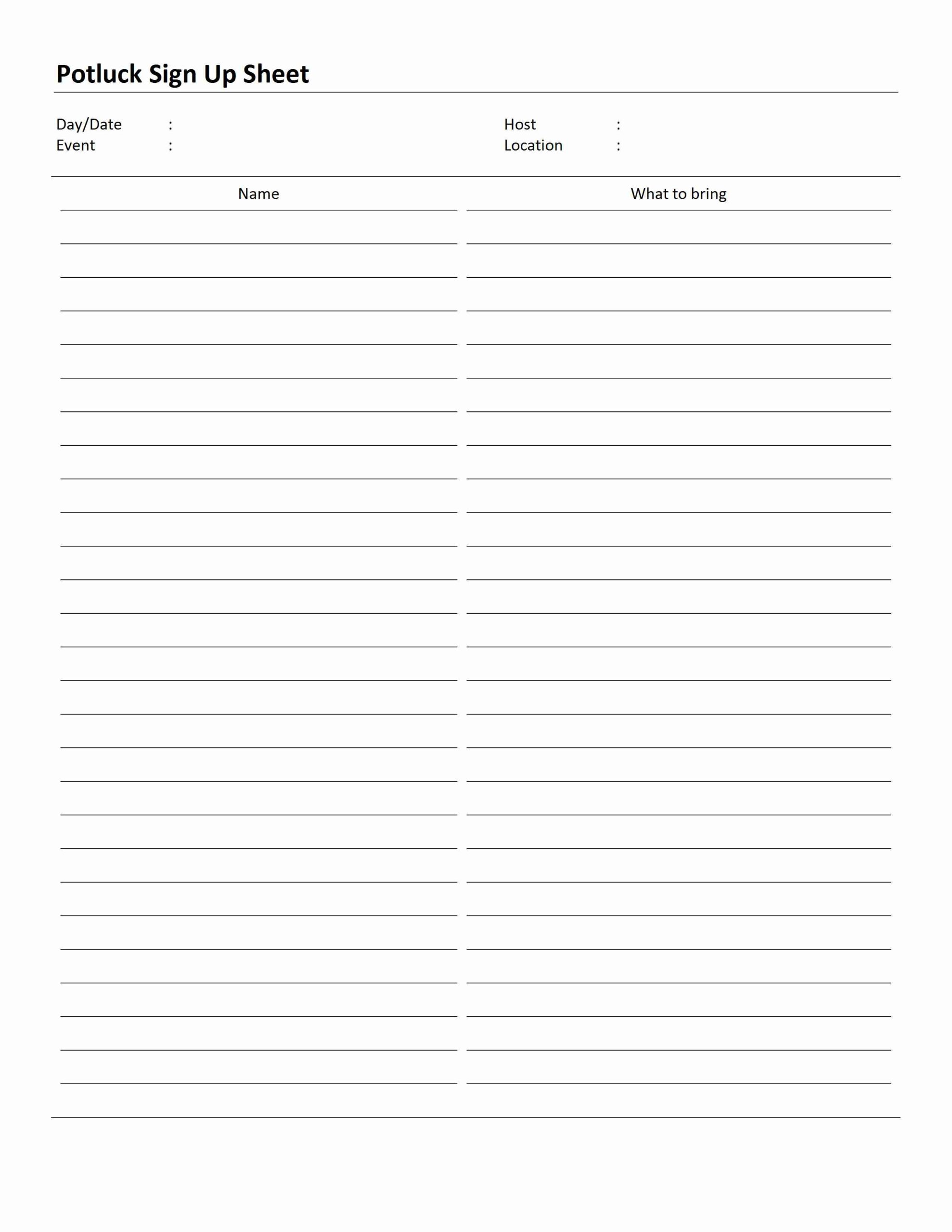 Printable Potluck Sign Up Sheet Template