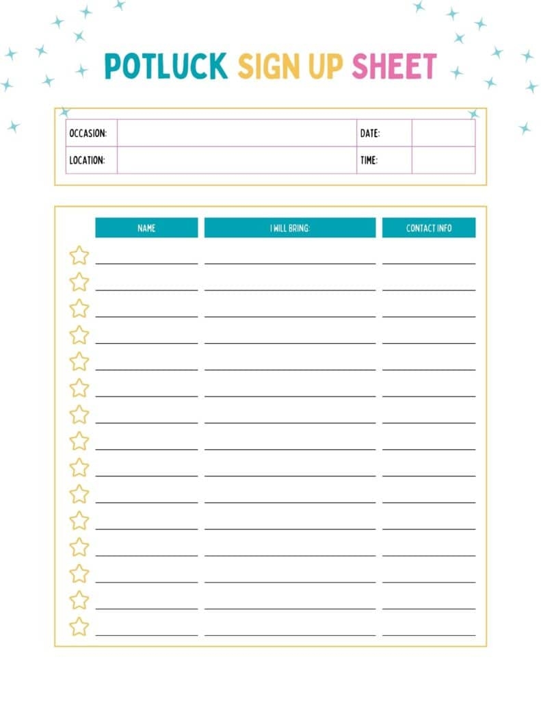 Printable Potluck Sign Up Sheet Template Download Free