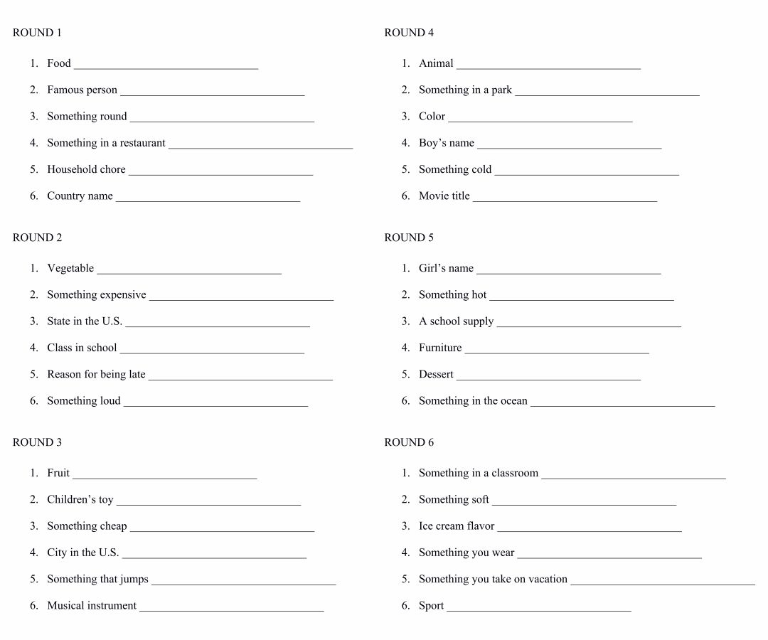 Printable Scattergories Sheets Printable JD