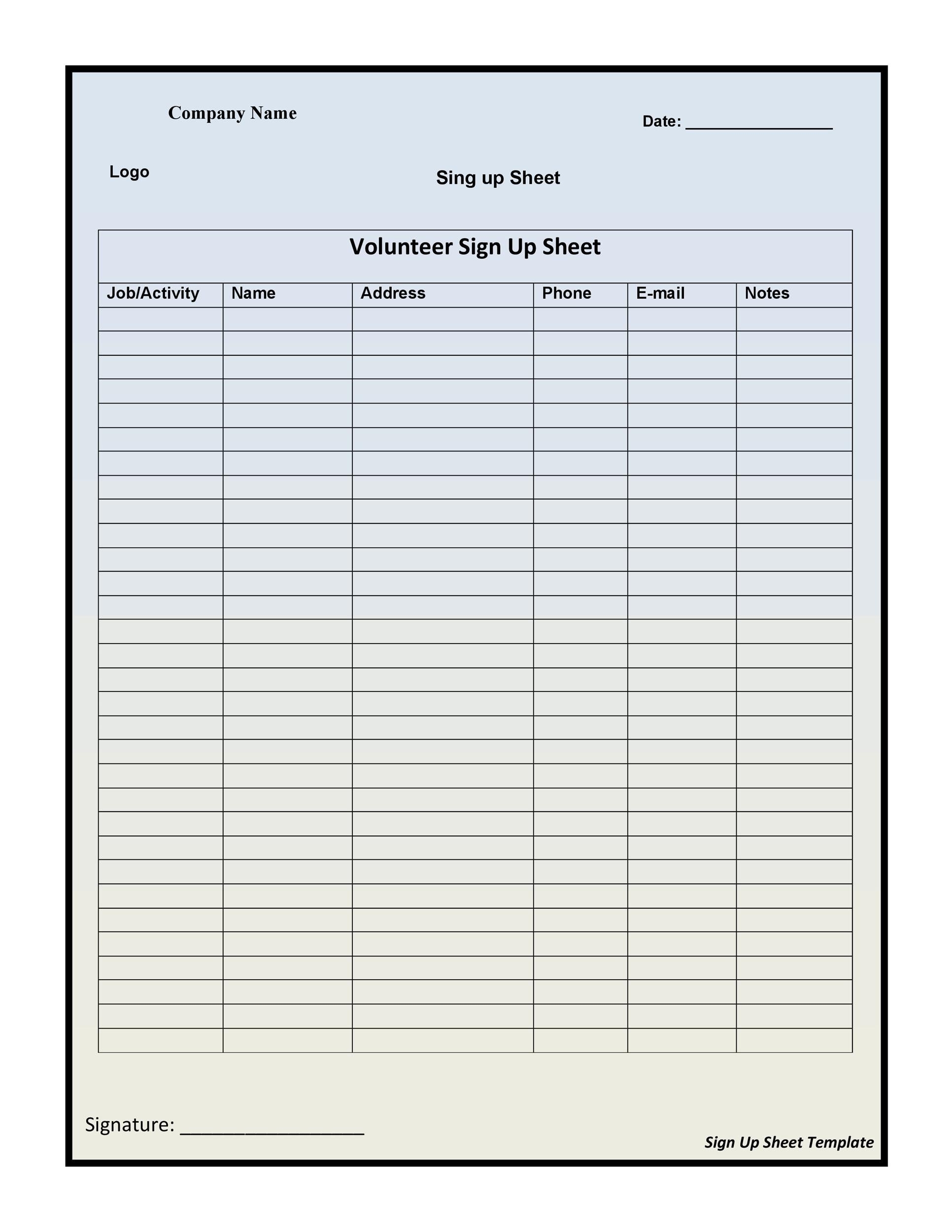 Printable Sign Up Sheet Template Word