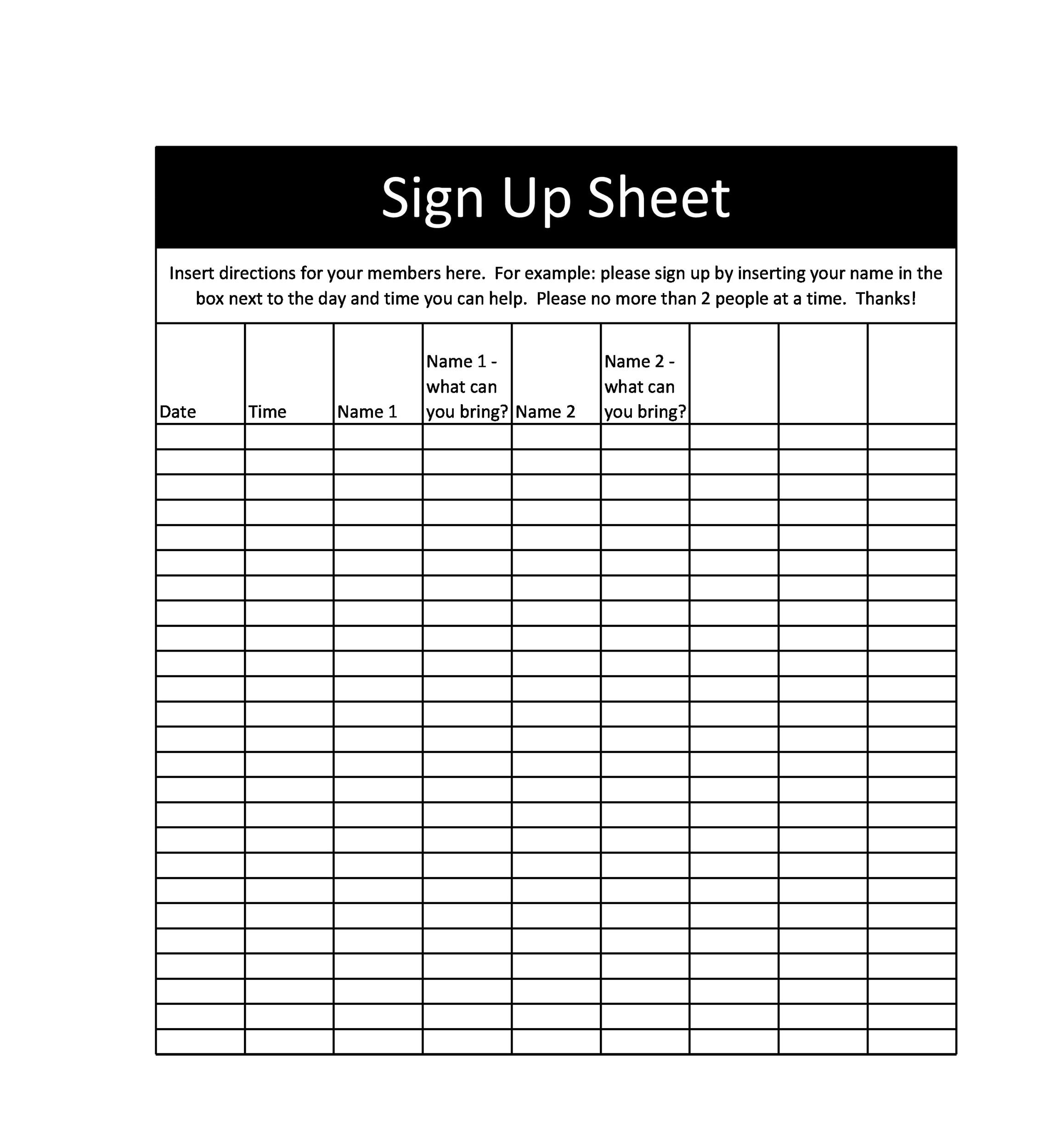 Printable Sign Up Sheets