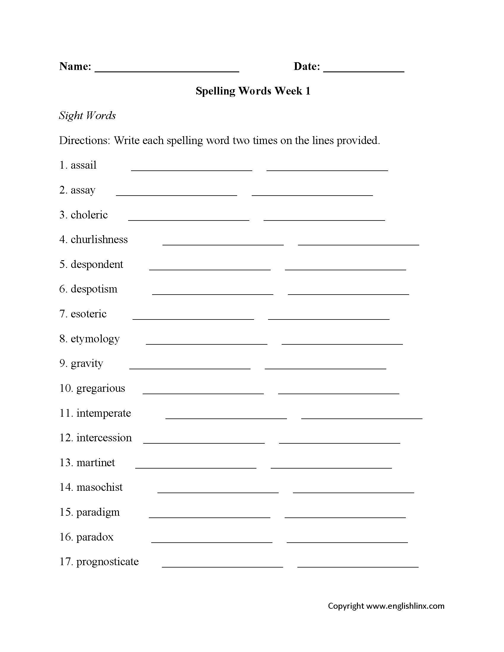 Printable Spelling Sheets
