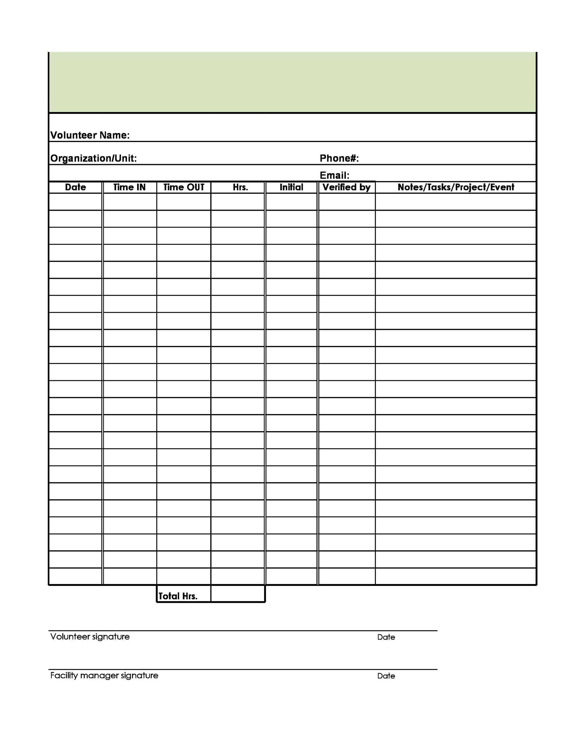Printable Volunteer Hours Log Sheet