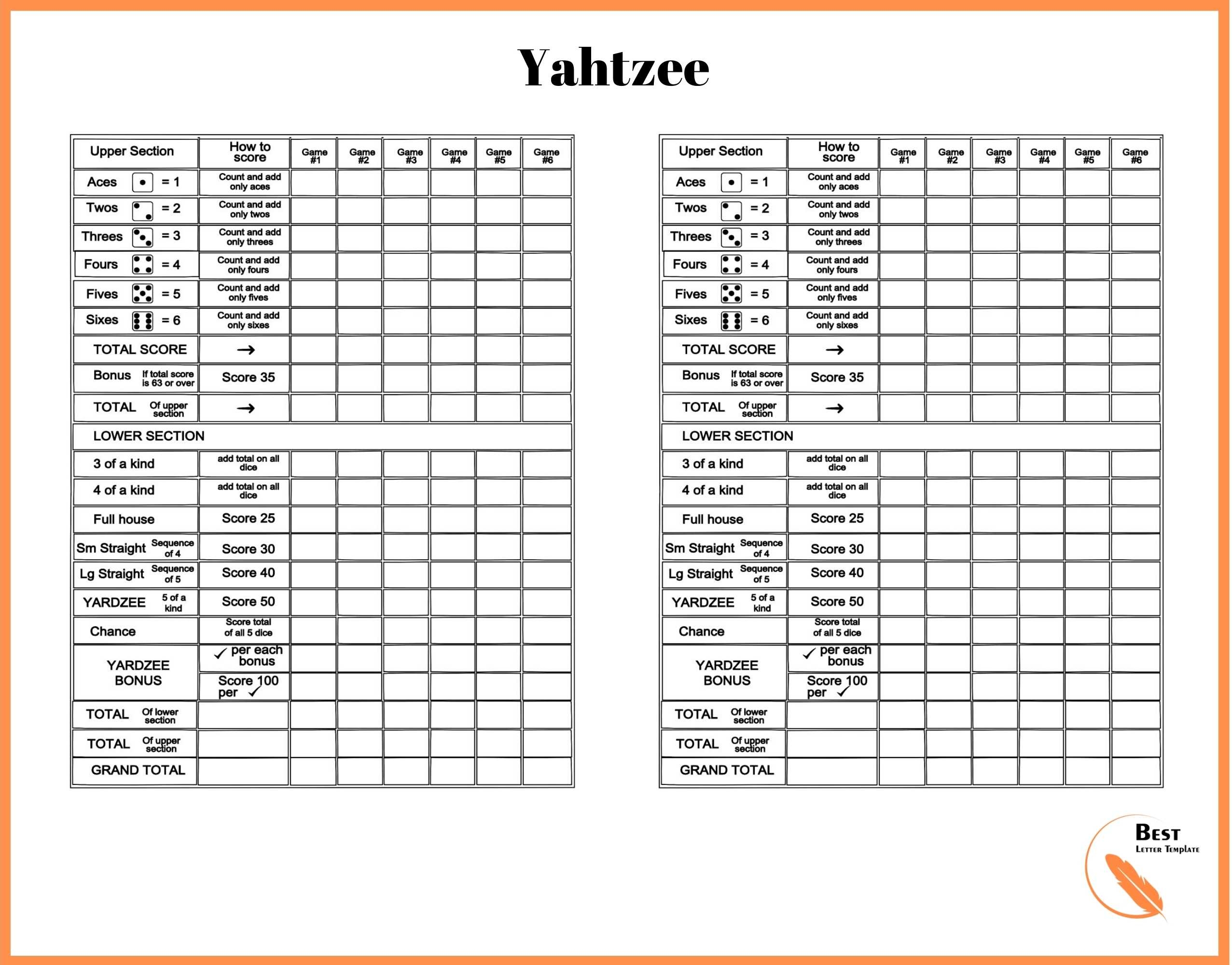 Printable Yahtzee Score Sheets 2 Per Page Best Letter Template