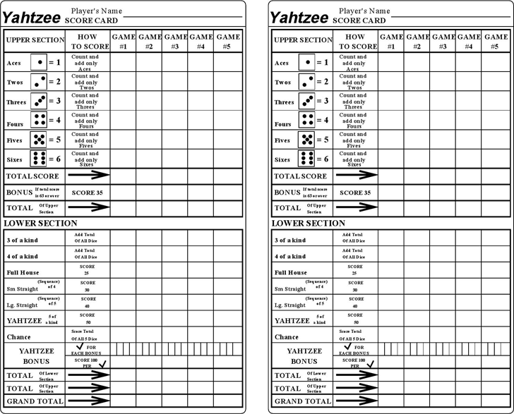 Printable Yahtzee Score Sheets 4 Per Page