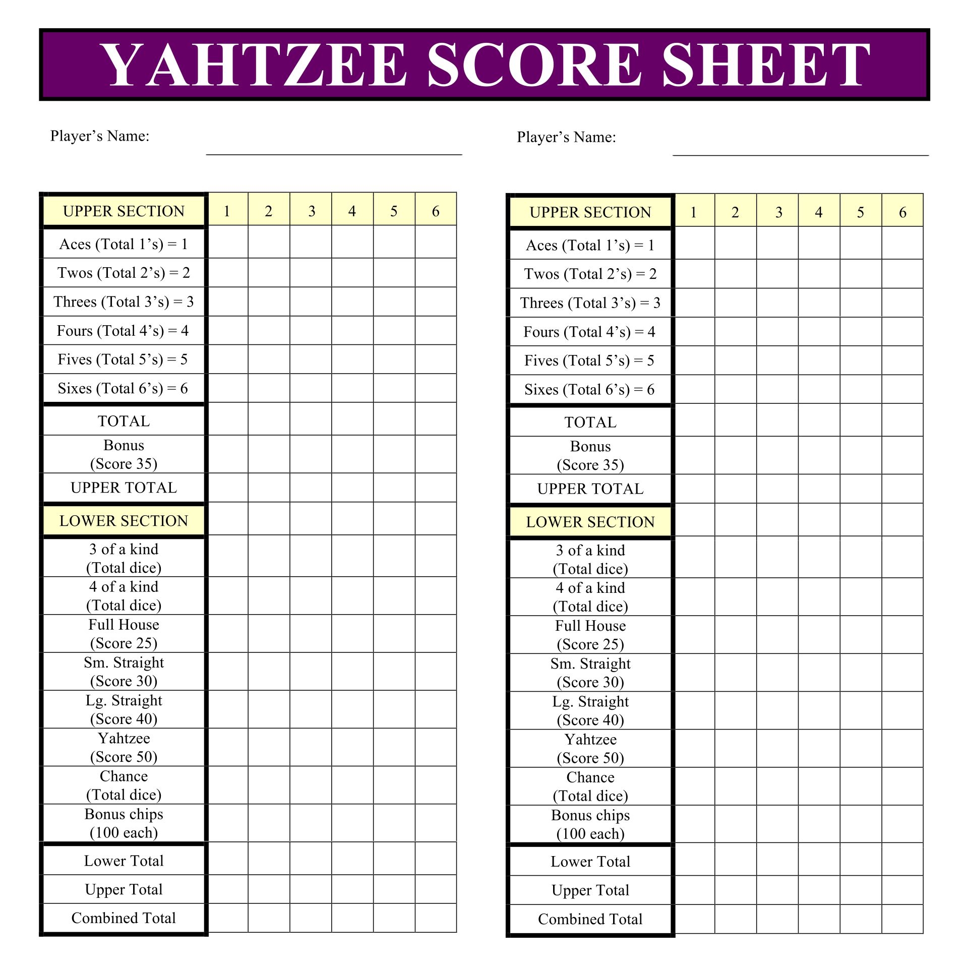 Printable Yahtzee Sheet