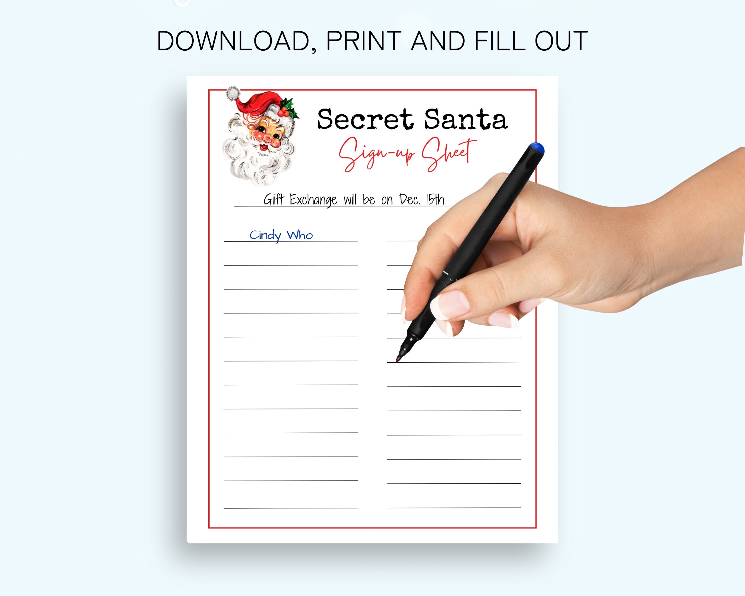Secret Santa Sign Up Sheet Printable Secret Santa Gift Exchange 