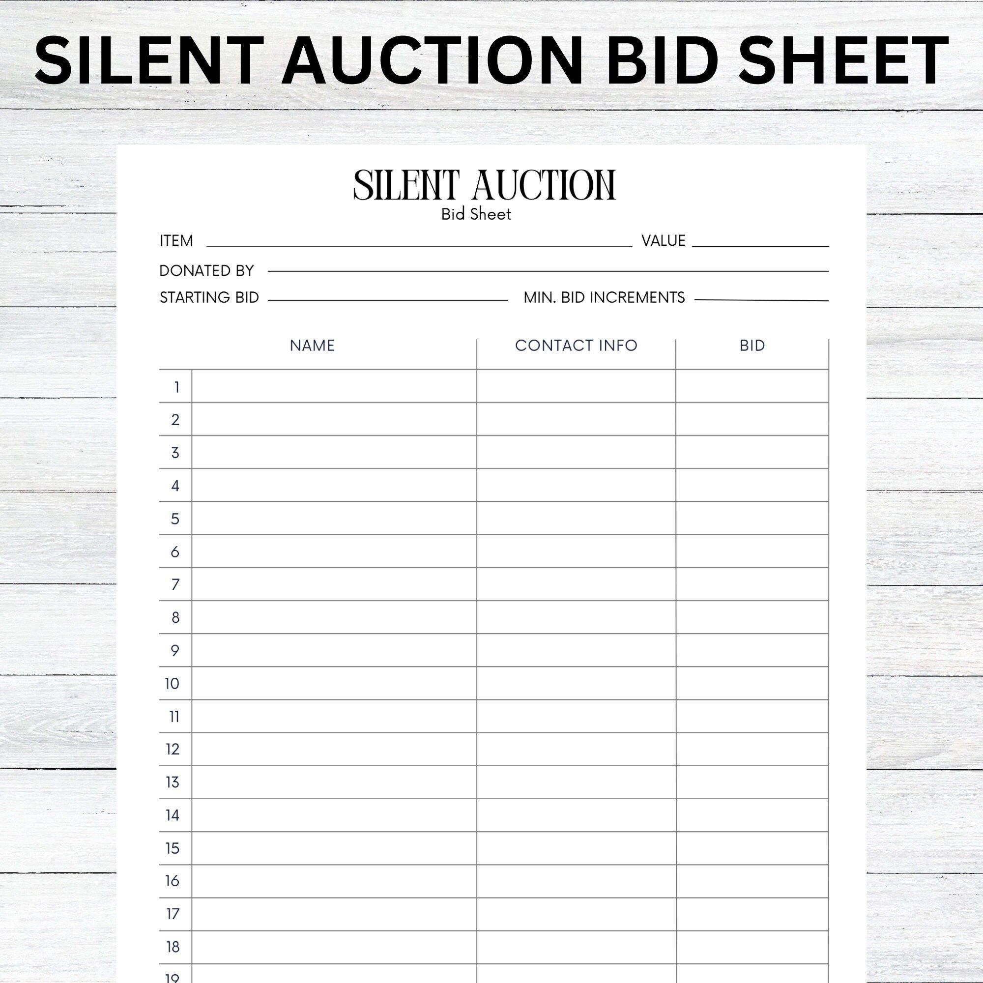 Silent Auction Bid Sheet Silent Auction Sign Up Sheet Fundraiser 