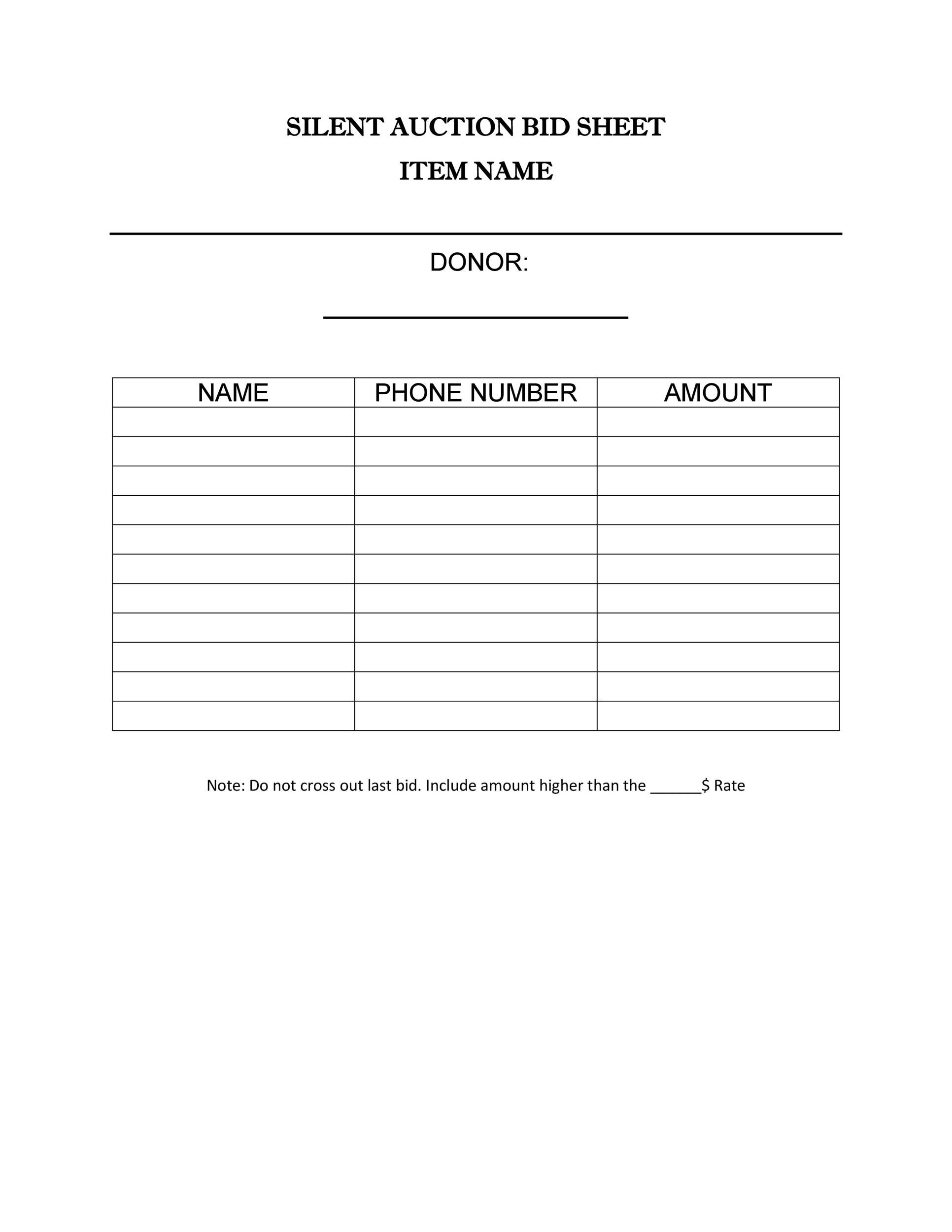 Silent Auction Bid Sheet Template Printable Printable Templates