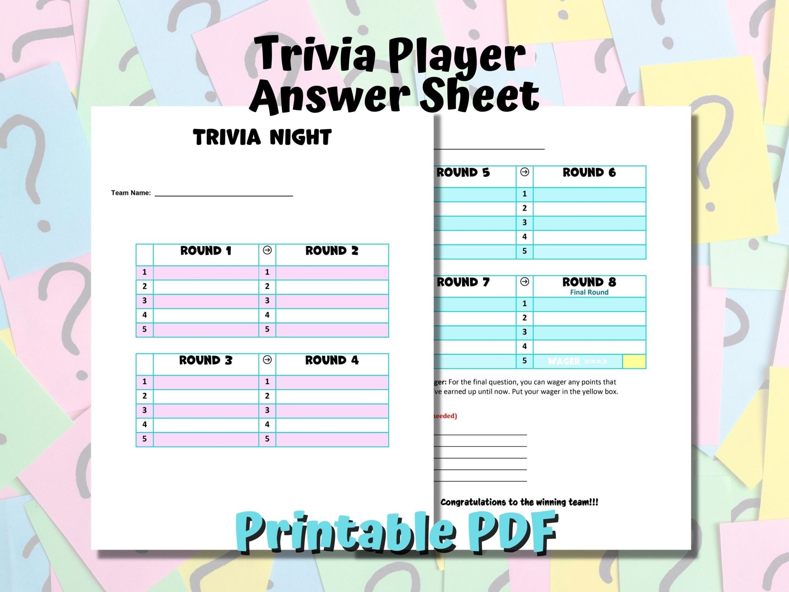 Trivia Player Sheets Printable Trivia Answer Sheets Digital Etsy 
