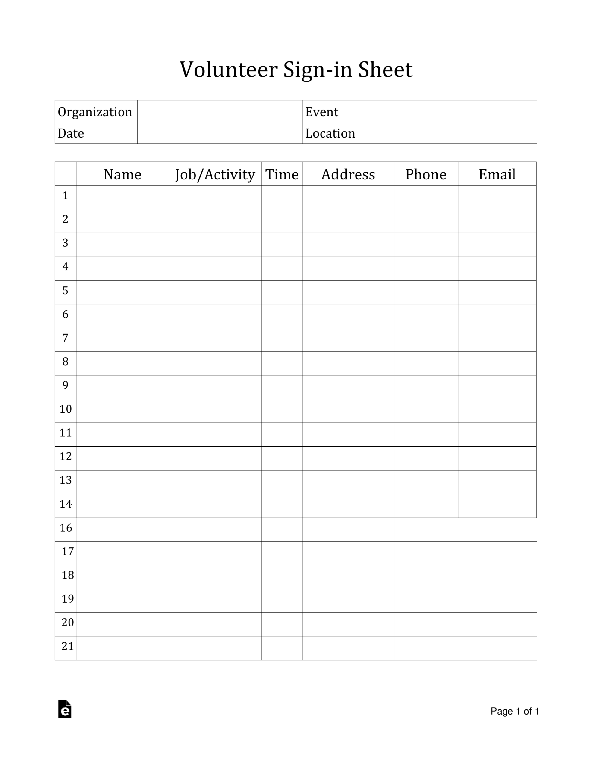 Volunteer Sign Up Sheet Printable