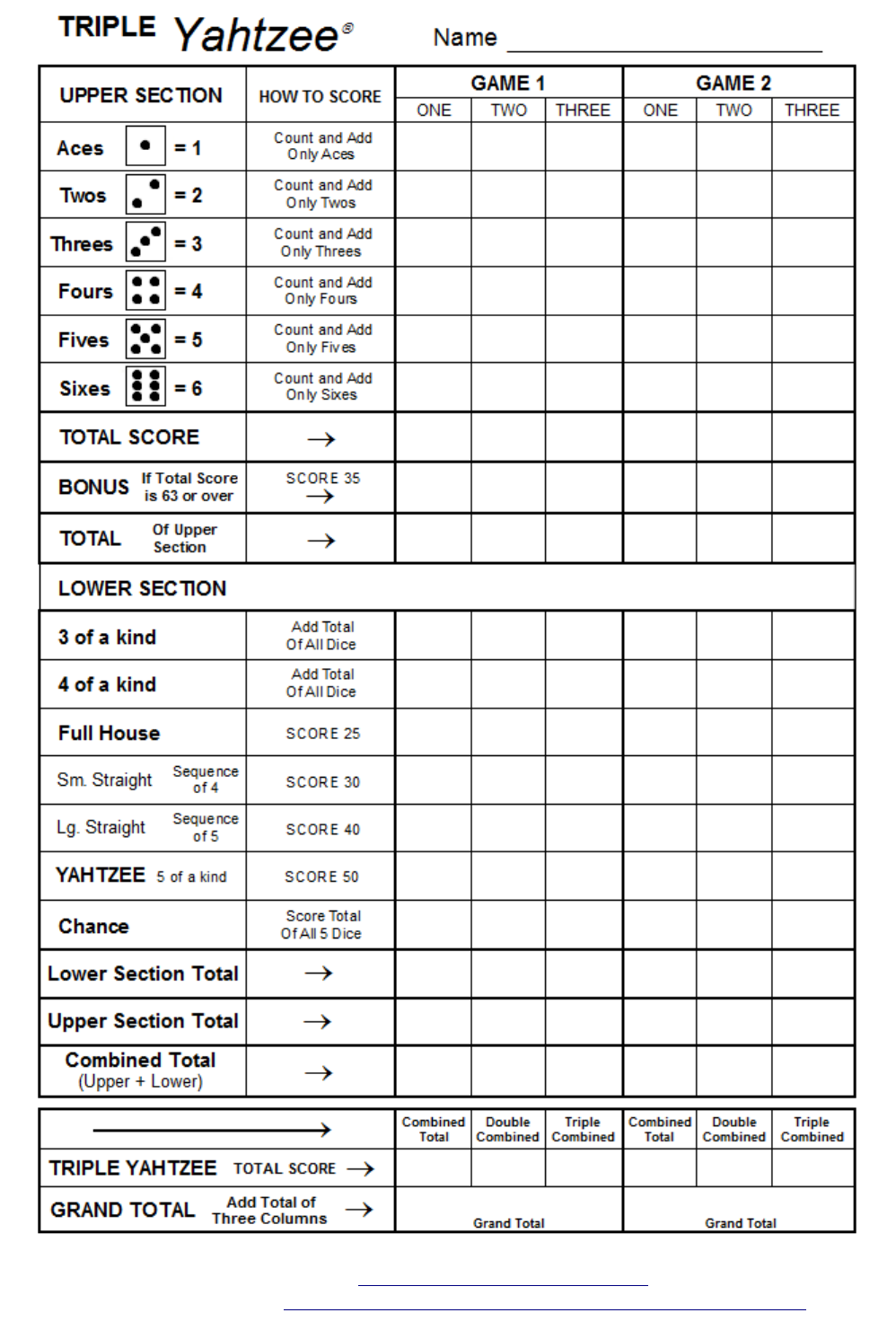 Yahtzee Printable Score Sheet Educational Printable Activities