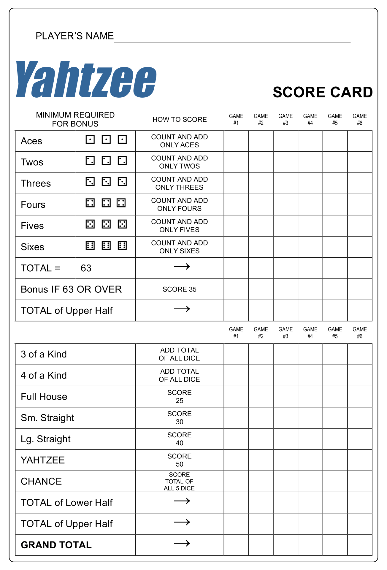 Yahtzee Printable Sheet