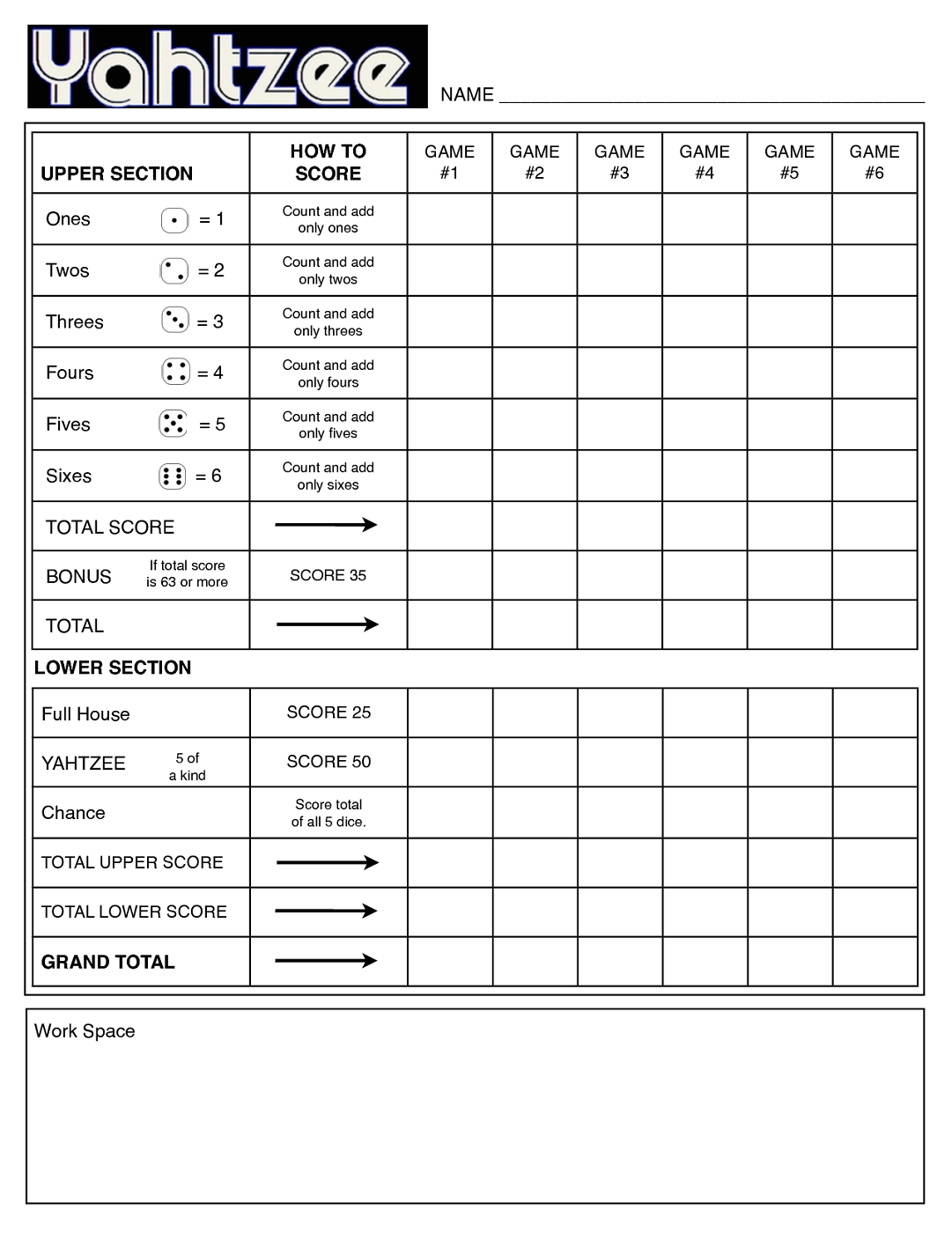 Yahtzee Score Sheet Printable Free