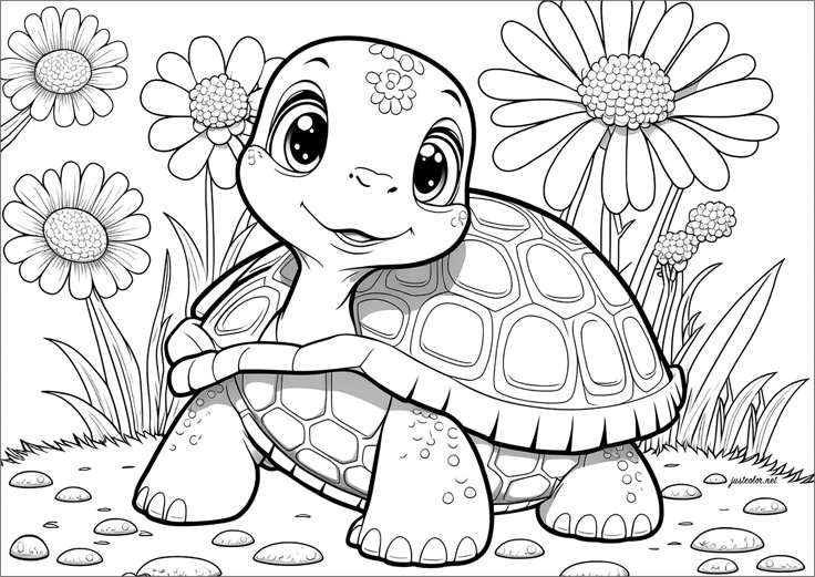Young Tortoise Coloring Page With Flowers